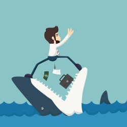Businessman standing on Jaws of shark , eps10 vector format